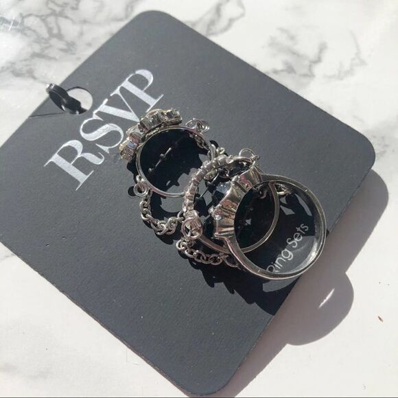 2/$20 Silver Black Rhinestone Diamante Diamond Stone Jewel Gem 3 Ring Set - Picture 2 of 4